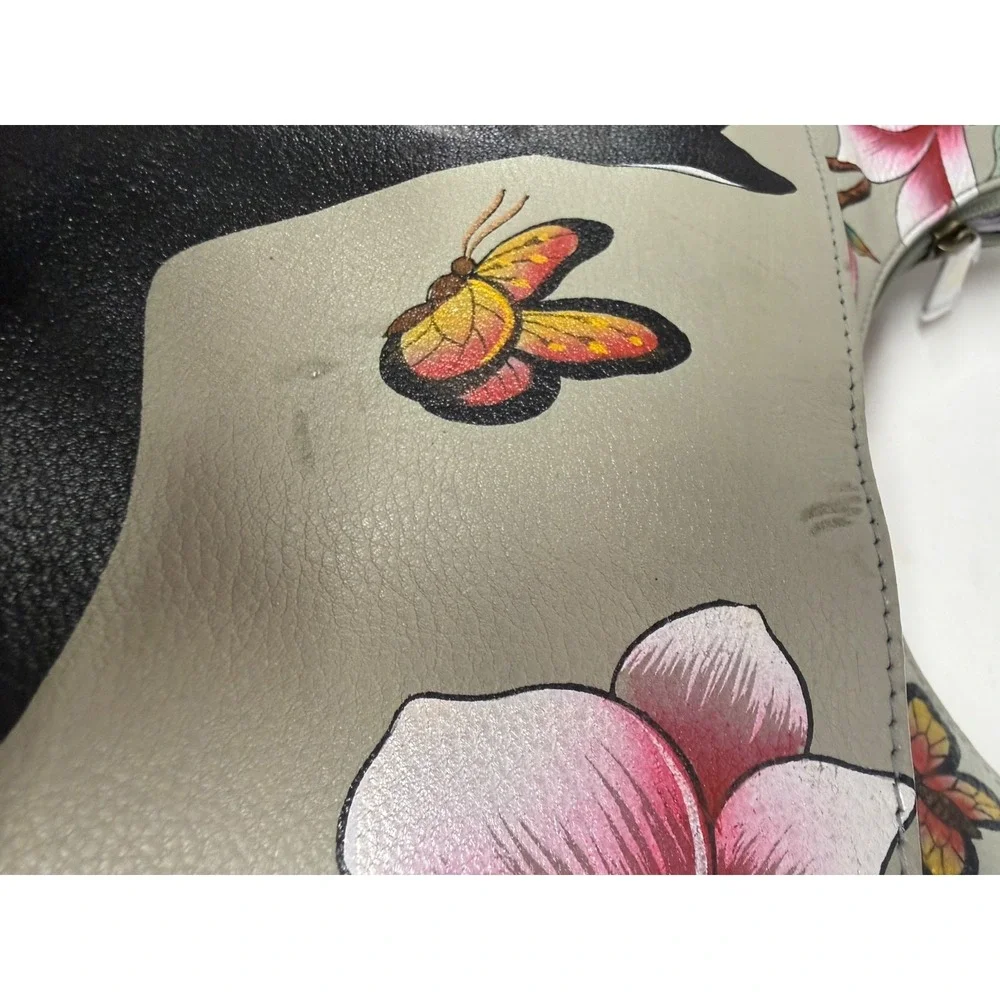 Anuschka Gray Floral Panther Butterfly Purse BAG  w/ change purse NEW SEE PICS